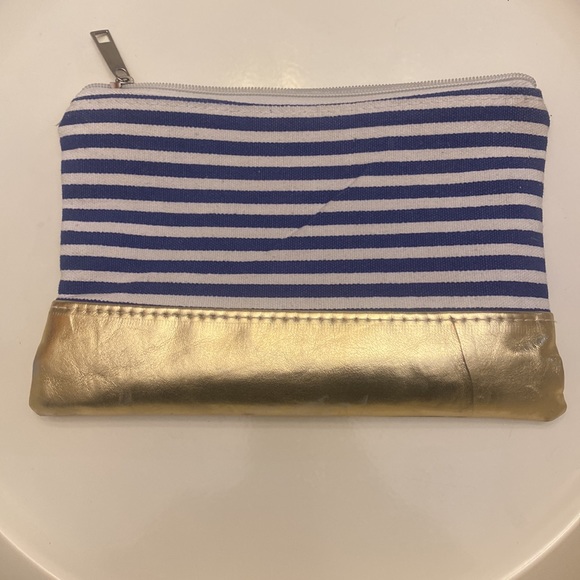 Katie Customized Cosmetic Bag Blue/White Stripe with Gold Accents GUC 9x6 - Picture 2 of 5